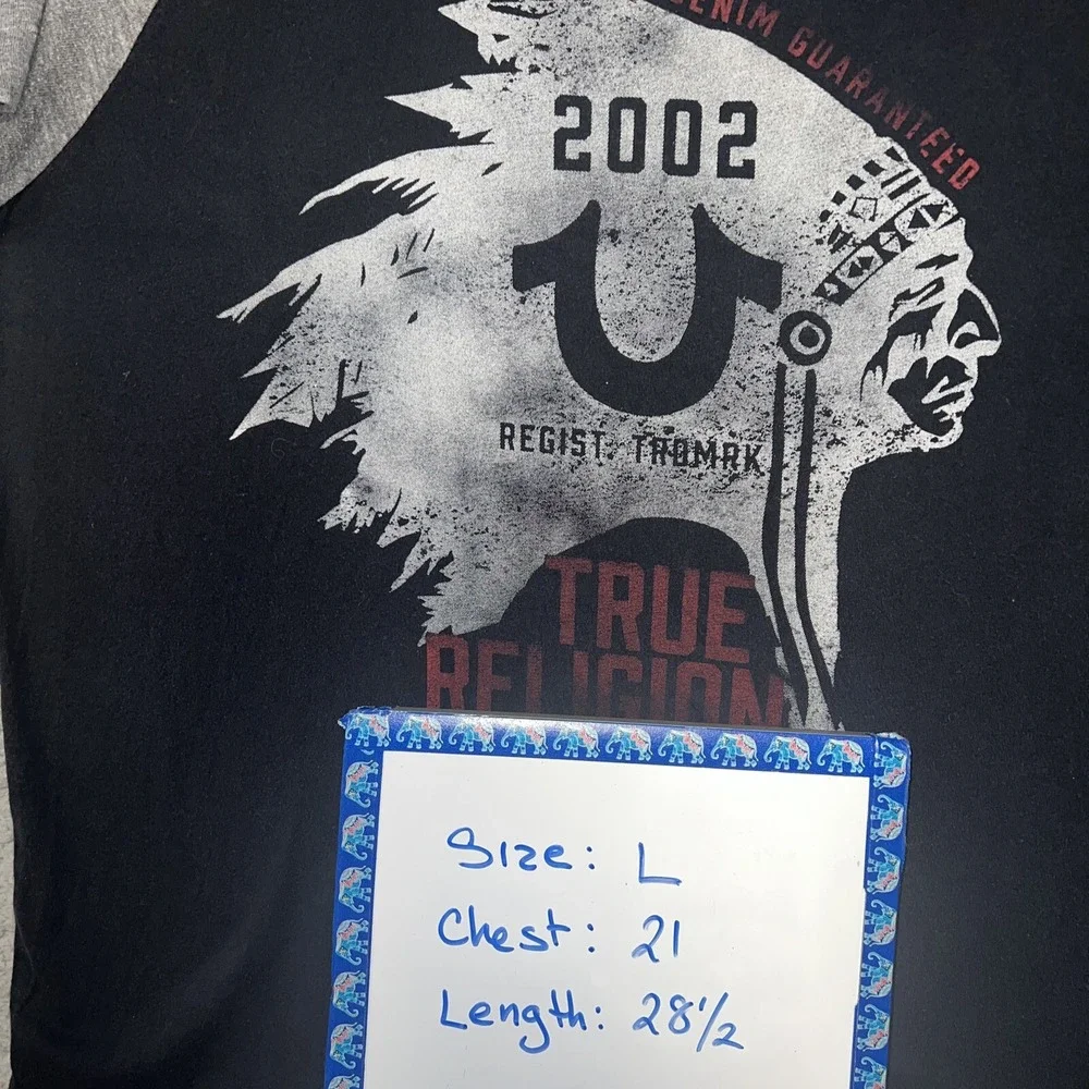 True Religion T Shirt Men's Size L‎ Black Gray Indian Head Chief Raglan Tee